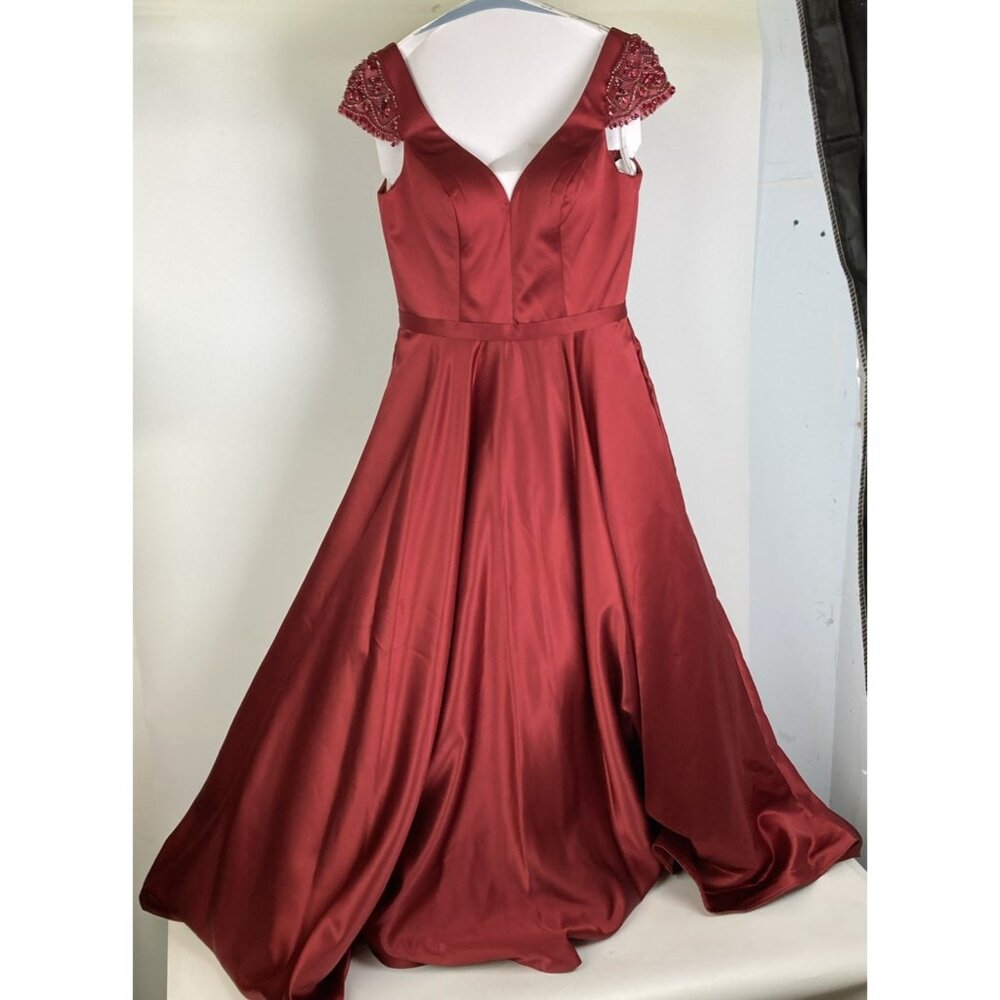 Angela & Alison Beaded Cap Sleeve Low Back Maroon Formal Prom Gown Size 12